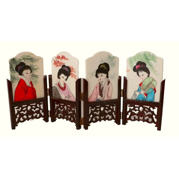 Vintage Mini Folding Screen 2 Sided Panels Handpainted Chinese Marble Art Geisha - Picture 7 of 7